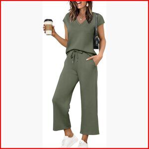 V-Neck Two Piece Set with Wide Leg Pants, Lounge Wear, Travel Outfit